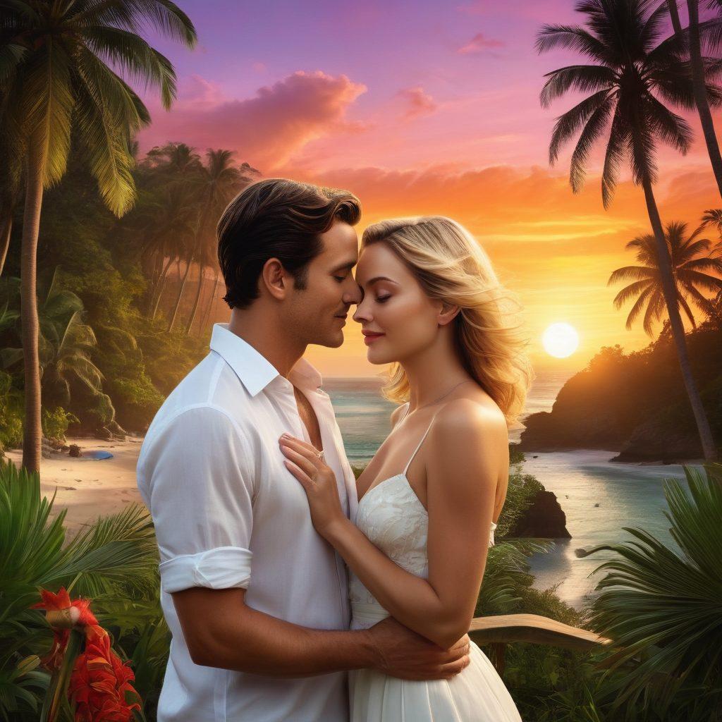 A montage of celebrity couples in candid moments, intertwined with wild and natural backdrops like tropical beaches and lush forests. Add playful animals observing the interactions, depicting spontaneity and romance. The scene should have a magical twilight glow, enhancing the sense of adventure and allure. Include subtle hints of paparazzi shadows lurking in the background, capturing the essence of celebrity life. vibrant colors. 3D. whimsical.