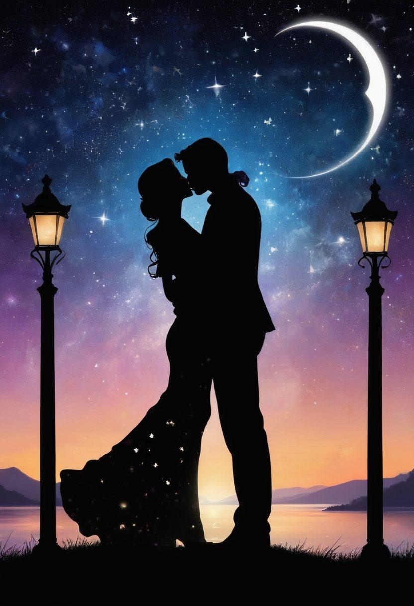 A glamorous, starry night backdrop featuring silhouettes of famous lovers sharing a passionate kiss under a star-filled sky. Add glowing elements like twinkling stars and a crescent moon, symbolizing intrigue and romance. Incorporate soft, ethereal lights that highlight their faces, creating a mystical atmosphere. Include hints of luxurious elements like roses and champagne glasses in the foreground. vibrant colors. super-realistic.