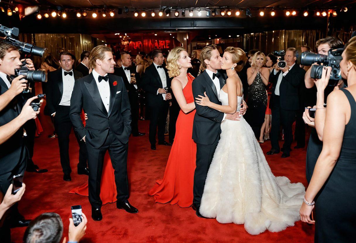 A glamorous red carpet scene capturing a fleeting moment of a celebrity couple whispering sweet nothings amidst flashing cameras and curious onlookers. Surround them with playful heart motifs and hints of scandalous tabloid headlines in the background. The essence of romance and intrigue should permeate the atmosphere. bright colors, cinematic style, vibrant details.